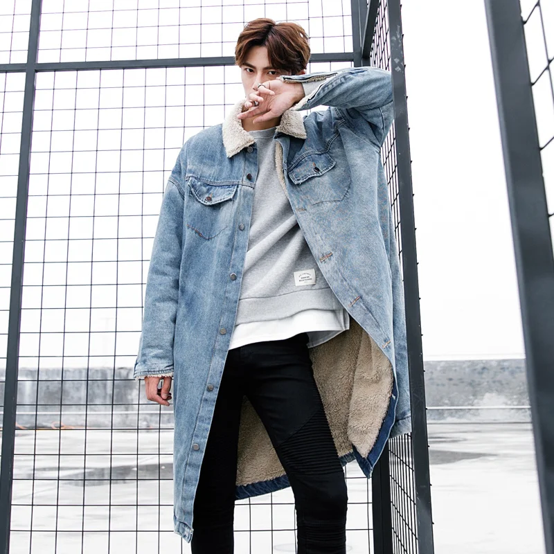 

Men's Wear Patchwork Furry Lining Warm Denim Cotton Clothes Male 2021 Autumn Winter Mid-length Lapel Thickened Coat