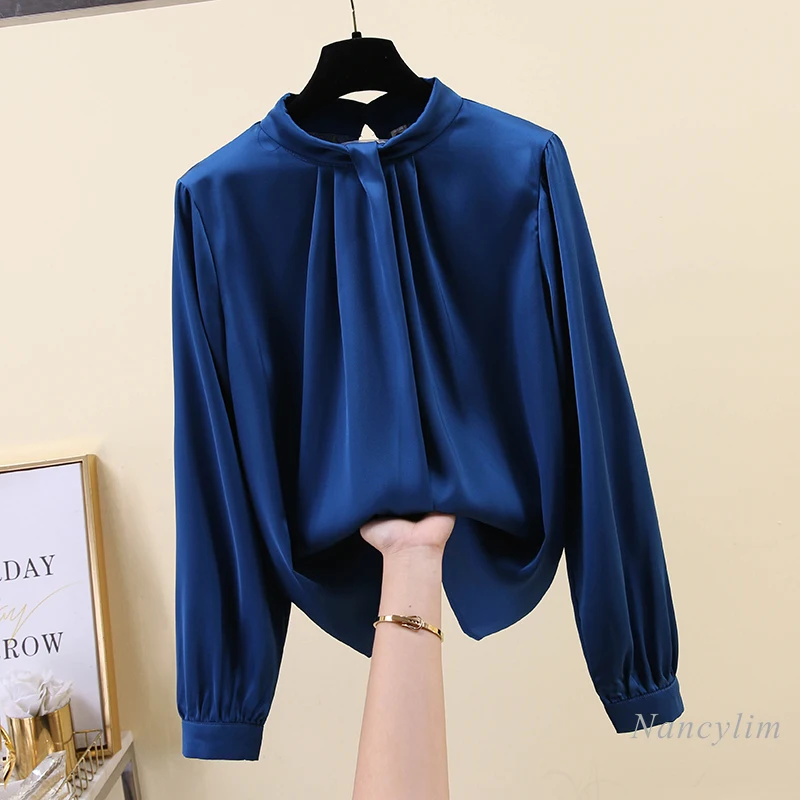 Elegant Pleated Stand Collar Blouse Women's Long Sleeve All-Match Solid Color Shirt Lady's Blusas Top 2021 Spring Female Clothes