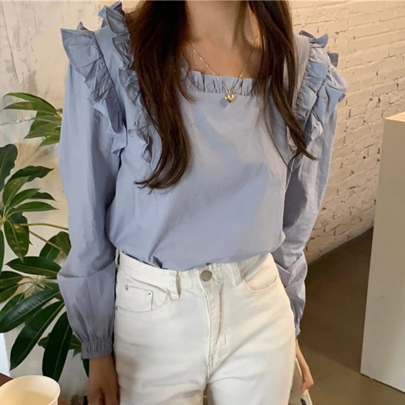 Осенние футболки с длинными рукавами и оборками рубашка в ретро стиле Женская