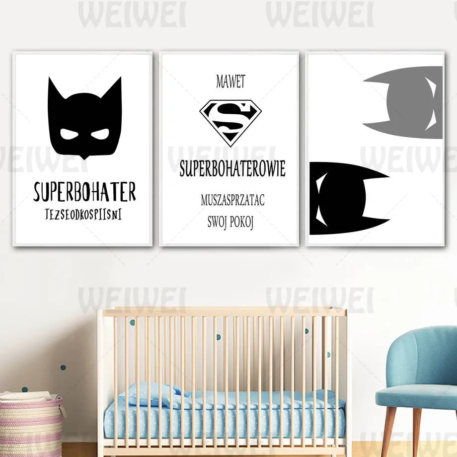 

Black and White Home Decoration Painting Superman Children's Room Living Room Wall Art Canvas Poster Text Print Kids Bedroom