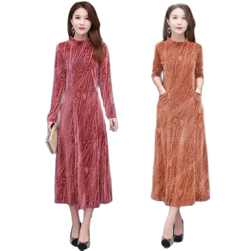 

Autumn Winter Thick Dress Women Over The Knee Long Middle-Aged Mother Dress New Fleece Warm Base Long Skirt Winter M314