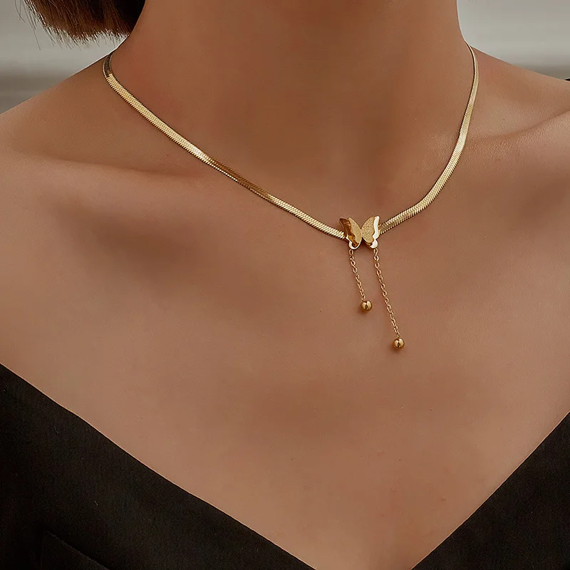 

Vintage Butterfly Necklace For Women Gold Stainless Steel Blade Snake Chains Aesthetic Charms Choker Jewelry