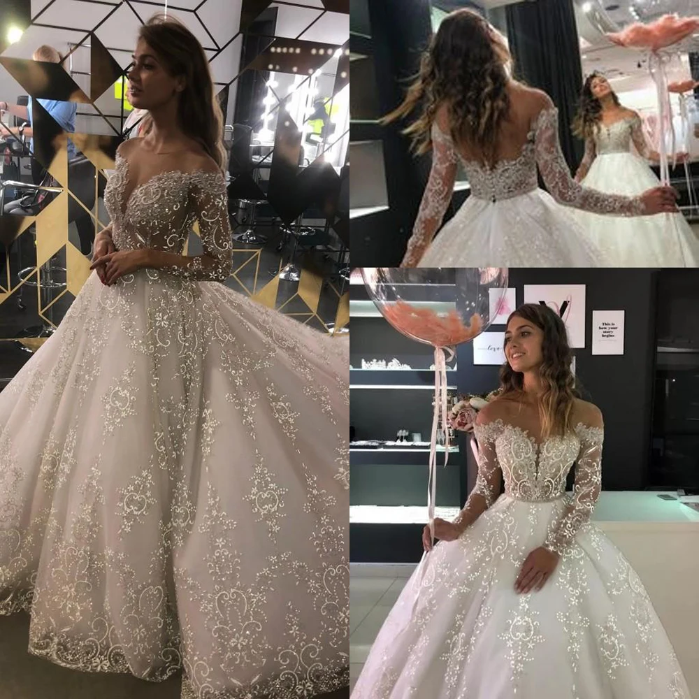 

YIWUMENSA арабское Aso Ebi Африканское бальное платье свадебное с длинными рукавами круглым вырезом Кружевная аппликация Элегантное свадебное пл...