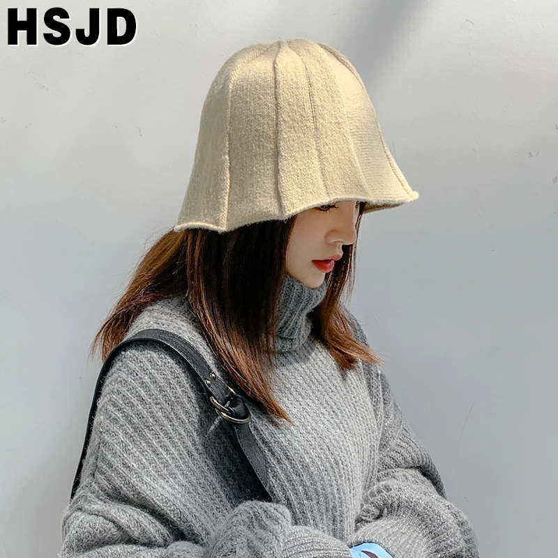 Solid Color Knitted Hats Vintage Bucket Hat Women's Autumn and Winter Fisherman Hat Fashion Skullies Casual Outdoor Female Cap