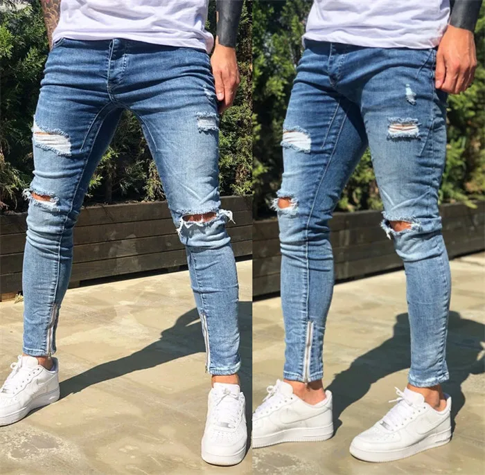 Новые мужские джинсы с дырками модные облегающие штаны-карандаш стрейч из денима