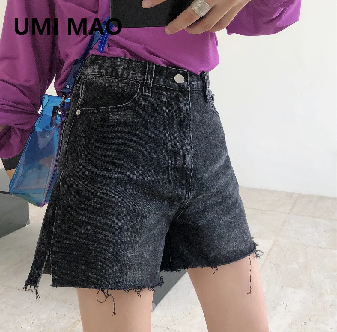 

UMI MAO Summer New Fashion Retro Street High Waist Denim Shorts A-line Loose Wide Legs Was Thin All-match Frayed Hot Pants Women