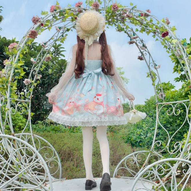 

Daily dress jsk strap dress female cute rabbit rose Lolita dress cute Kawaii Japanese soft sister Lolita