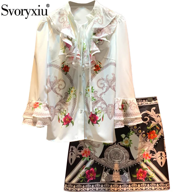 

Svoryxiu Fashion Designer Autumn Skirt Suit Women's Elegant Flare Sleeve Ruffles Print Blouse + Diamond Mini Skirt Vintage Set