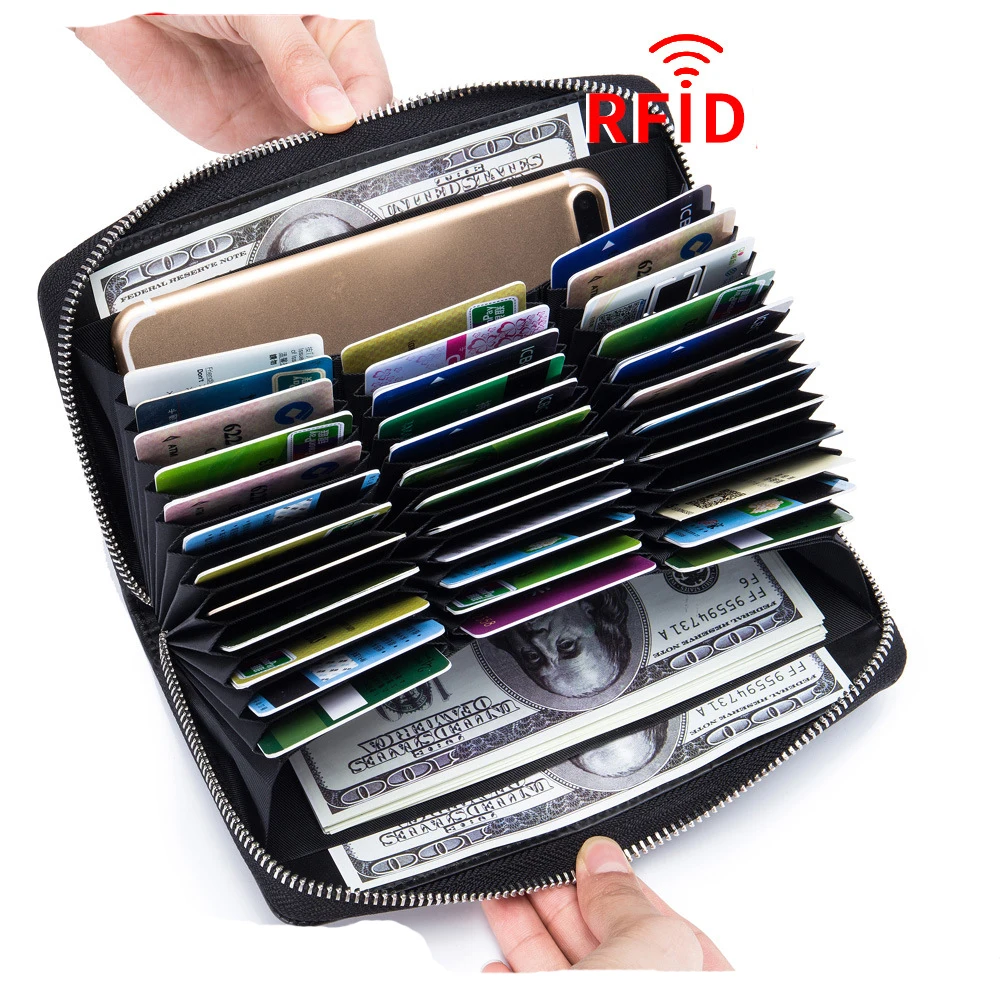 

Leather organ card bag long wallet passport bag RFID multi card position multi-function male and female large business card bag