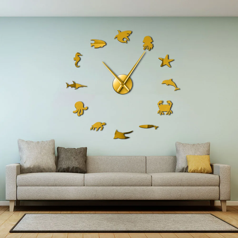 Настенные художественные зеркальные наклейки с водными животными DIY гигантские настенные часы в морском стиле для детской комнаты декор для стен Морская жизнь бескаркасные настенные часы