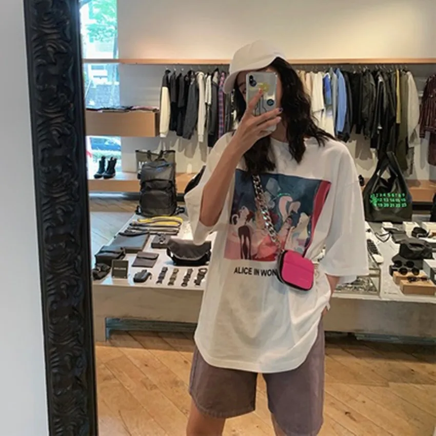 Дисней Алиса короткий рукав женский Harajuku inst рубашка свободная круглый вырез рубашка женское летнее платье - Цвет: Afternoon Tea