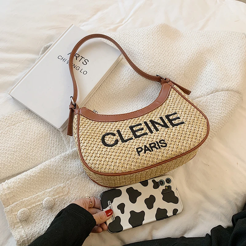 

Luxury Brand Half Moon Straw Weave Shoulder Bags for Women 2021 Underarm Purses and Handbags Designer Sac A Main Fashion Bolsas