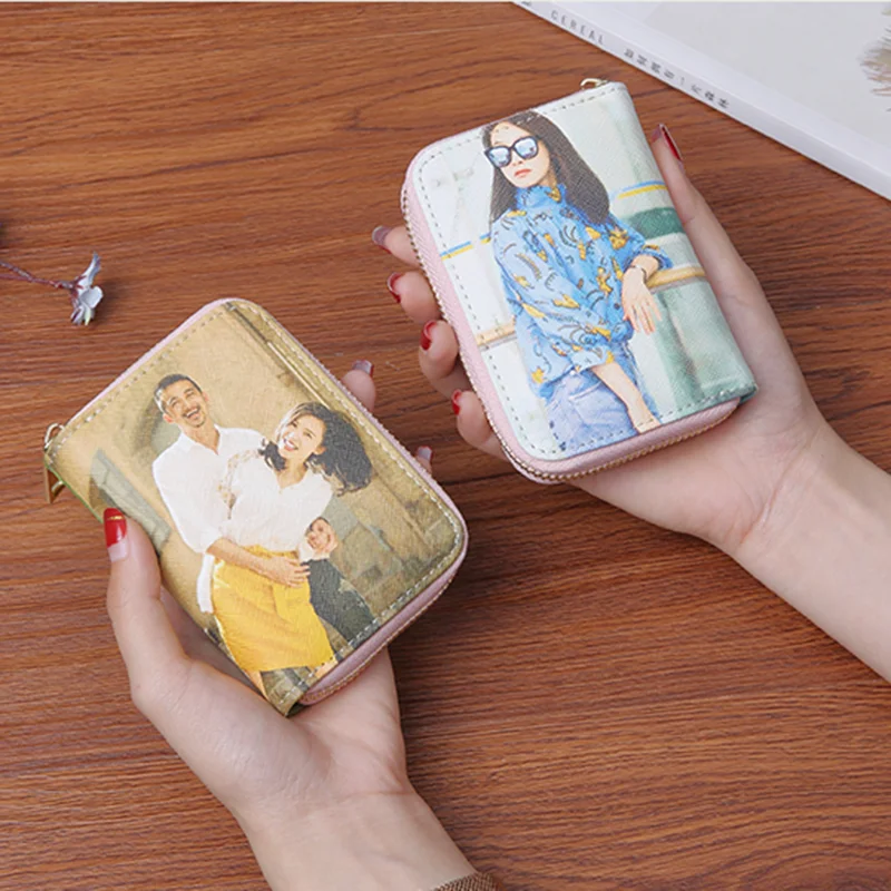 

Credit Card Holder Print Two Pictures Short Wallet Zipper Women Men Gift for Her Girl Mother Personalized Custom Photos Wallets
