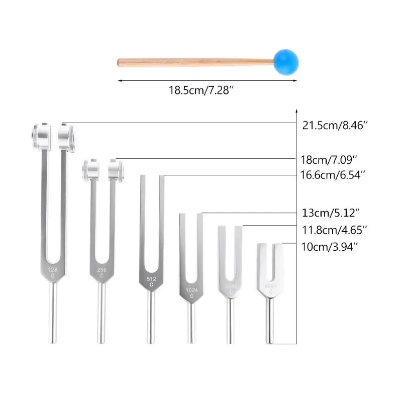 

6Pcs/Set Aluminum Medical 128Hz-4096Hz Tuning Fork Tools Kit Healing Sound Vibration Therapy with Mallet