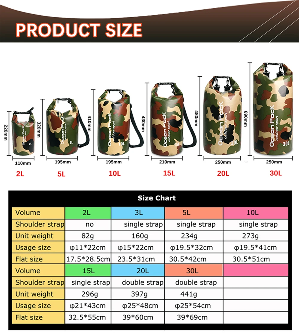 5L/10L/15L/20L/30LWaterproof сумки хранения сухой мешок камуфляж рюкзак для каноэ Байдарка Рафтинг Спорт на открытом воздухе сумки для плавания