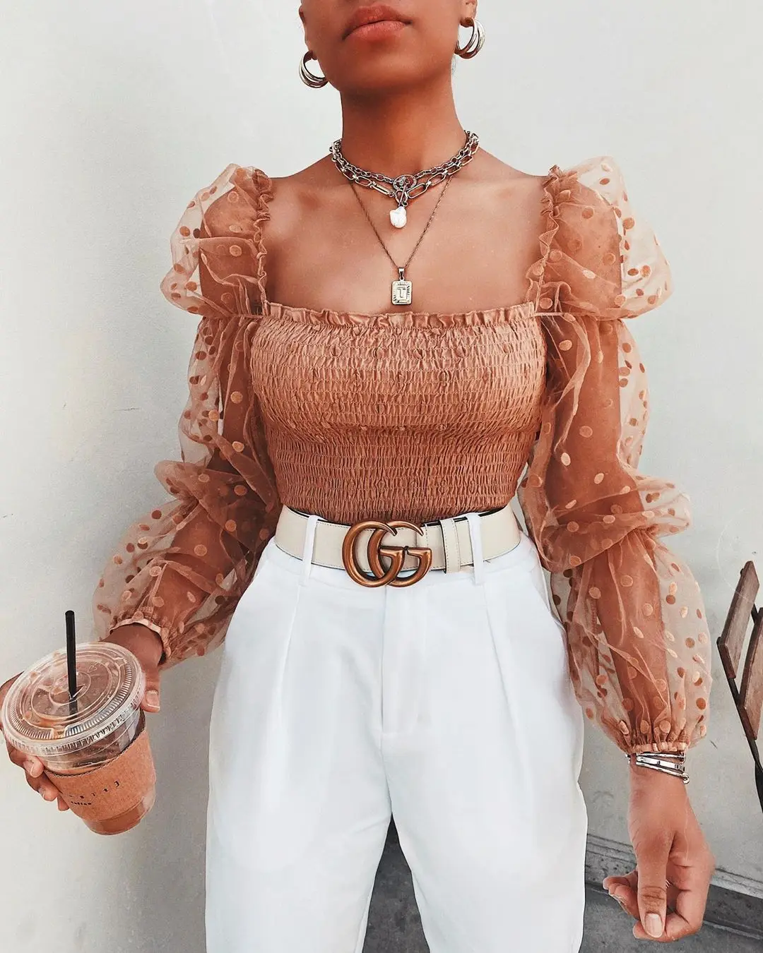 

Women Mesh Sheer Blouse Chiffon See-through Long Sleeve Top Shirt Blouse Fashion Organza Transparent White Shirt Female