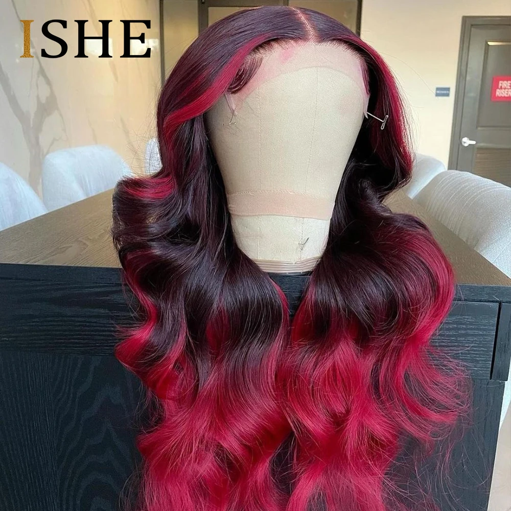 

Red Burgundy Ombre 13x6 Lace Front Human Hair Wig 99J Highlight Body Wave Lace Front Wigs For Women Preplucked Lace Closure Wig