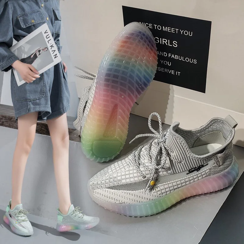 

Rainbow Jelly Bottom Women Sports Shoes Mesh Breathable Ladies Platform Shoes Student Sneakers Running Women's Single Shoes