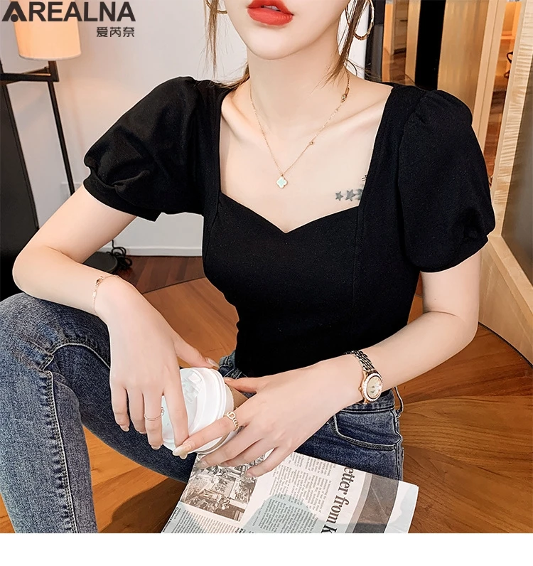 

tops women 2021 summer white black Square collar T Shirt Women puff sleeve sexy t-shirts top camisas de mujer Tee Shirt Femme