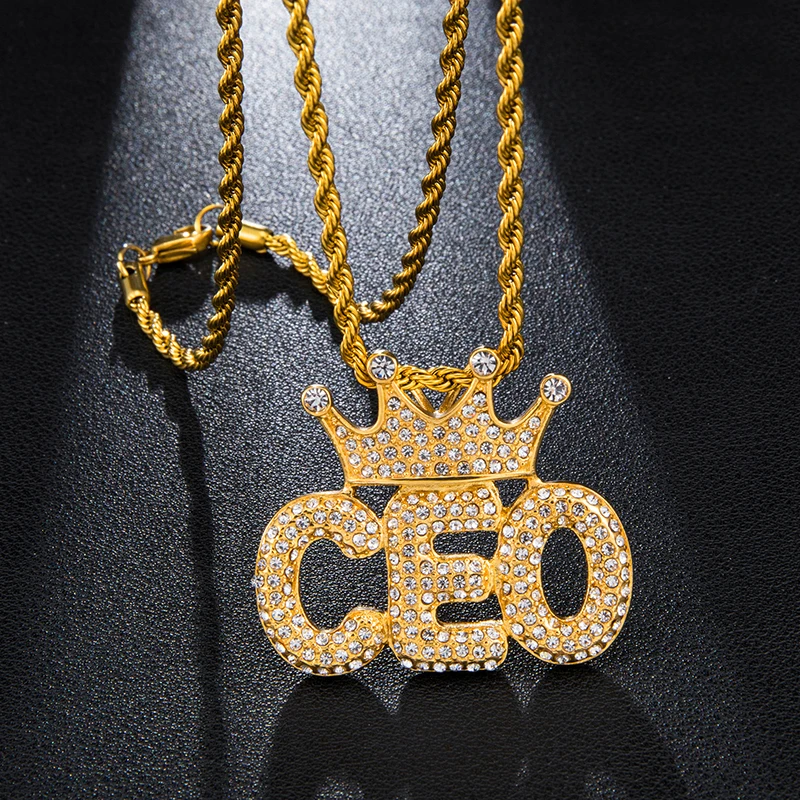 US7 Crown CEO Letters Necklace &amp Pendant Paved Rhinestoned Bling Iced Out Pendants With Chain For Men Hip Hop Jewelry | Украшения и