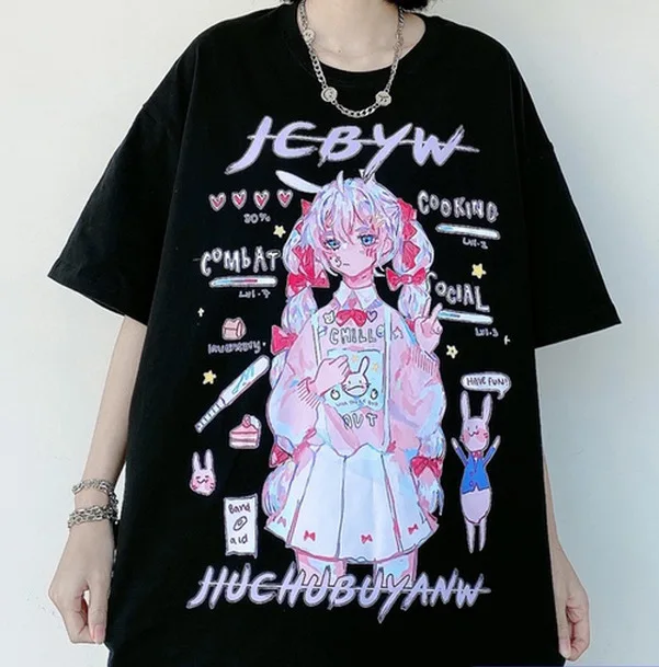 

2021 Summer Anime Harajuku Streetwear Tshirt Kawaii Graffiti Print Casual T Shirts Top Women Loose Black White T-shirt Top Y2k