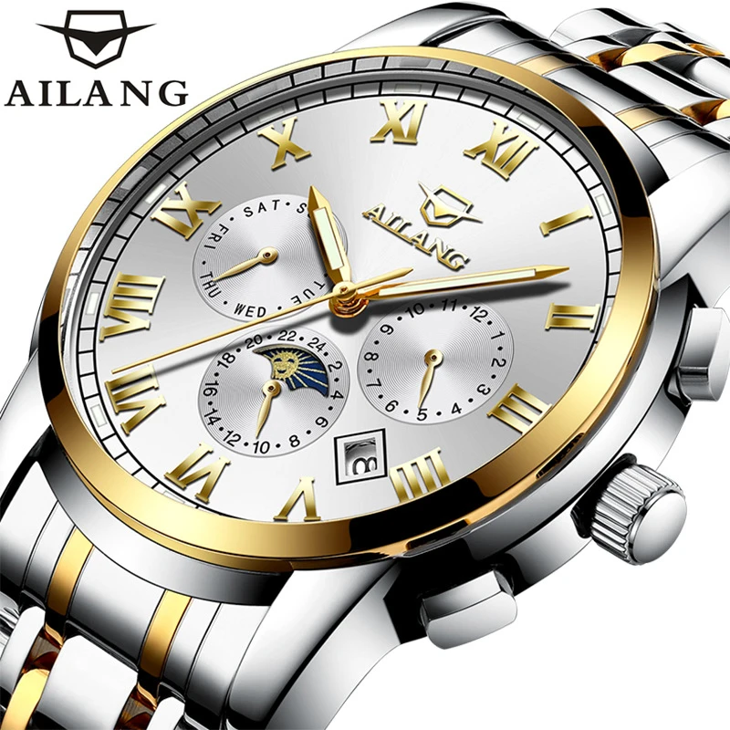 AILANG 2021 New Men's Business Watch Calendar Week Moon Phase Stainless Steel Belt Luminous 30M Waterproof Watches 8507