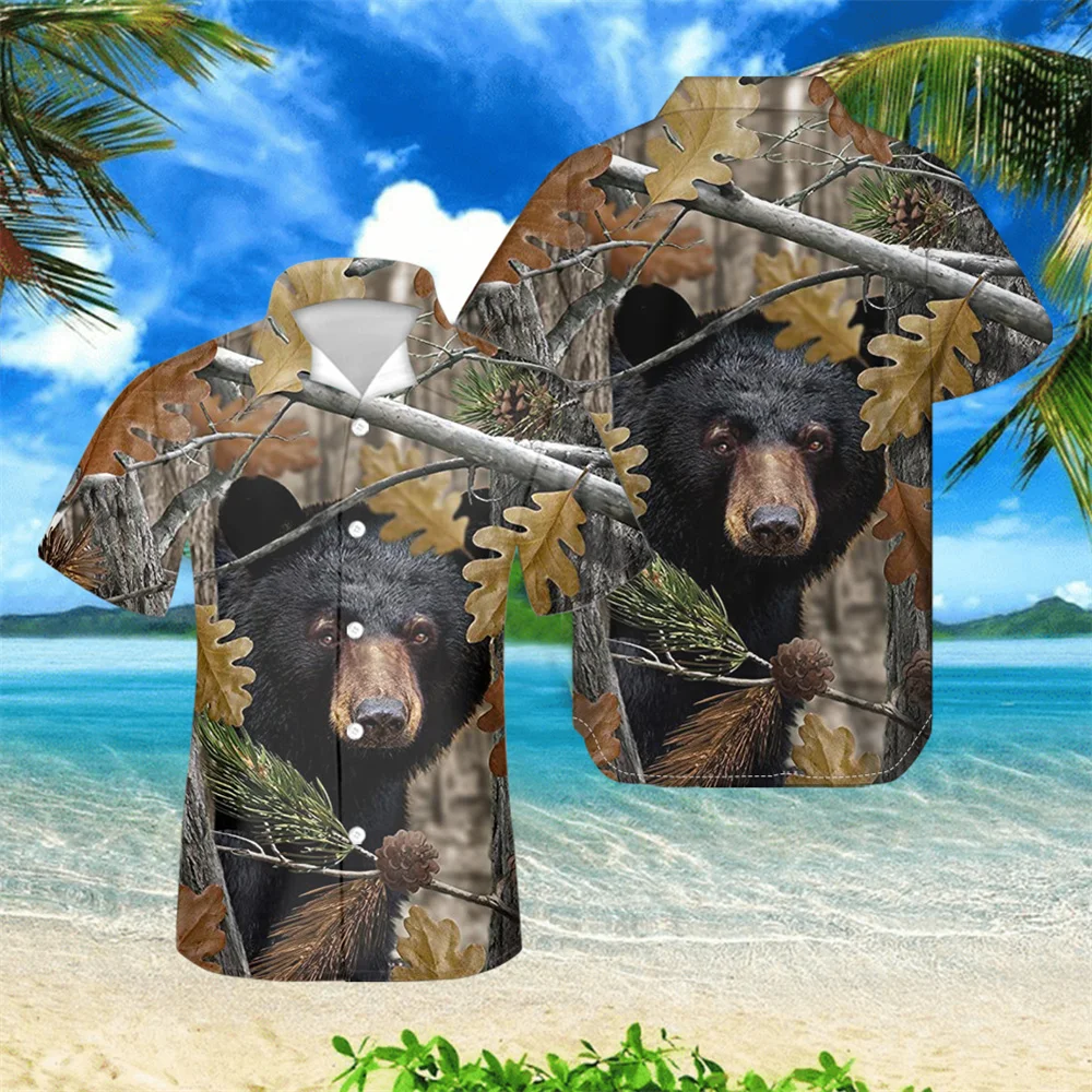 

Мужская камуфляжная одежда с принтом чёрного медведя, винтажные кубинские рубашки с коротким рукавом, мужские топы на пуговицах, Гавайские ...