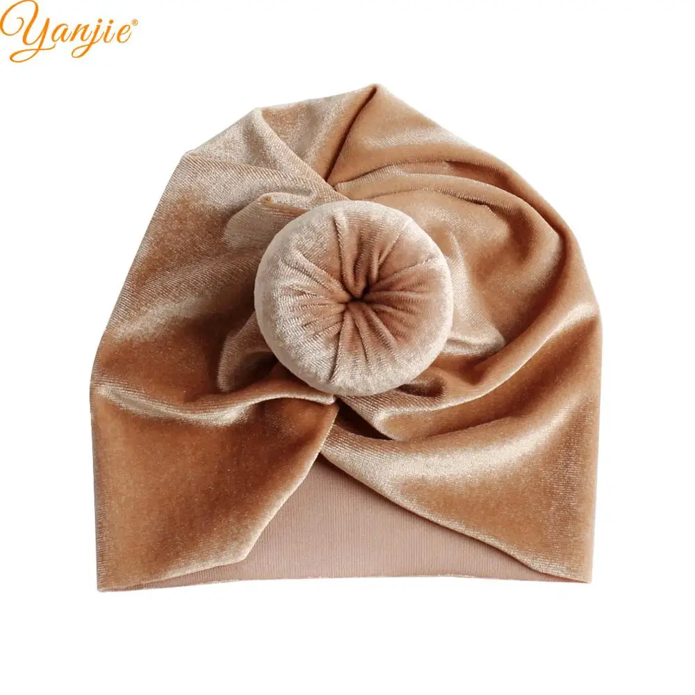 Turban-khaki Тюрбан с круглым помпоном из мягкого бархата для девочек; коллекция года; зимняя детская однотонная бархатная эластичная повязка на голову; резинки для волос; аксессуары для волос - Цвет: Turban-khaki