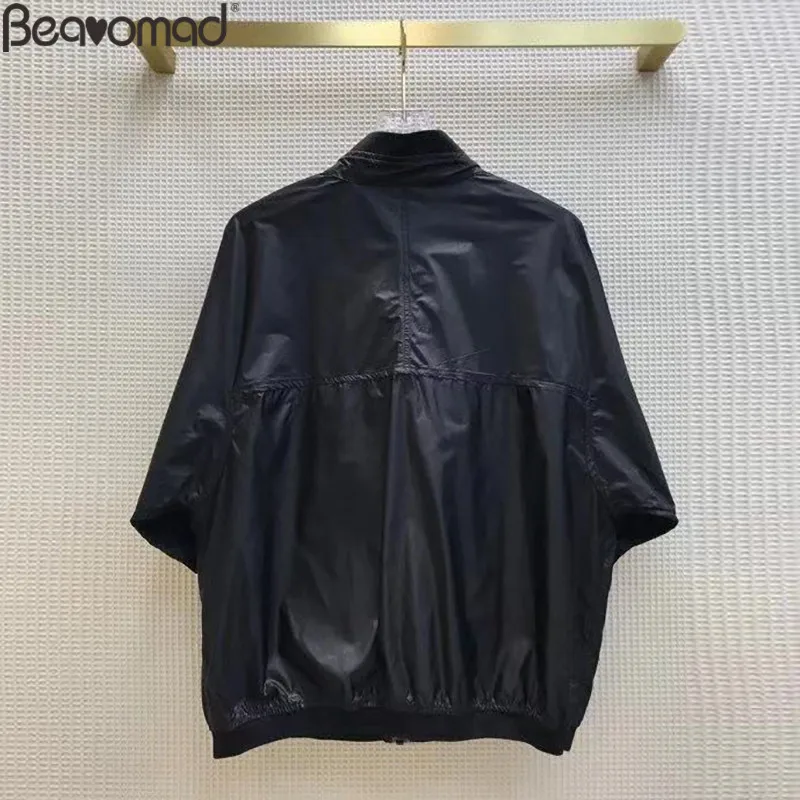 Bearomad 2021 Fashion Woman Black Casual Shorts Suit O-Neck 3/4 Sleeve Straight Type Tops+Elastic Waist Loose Shorts 2 Piece Set