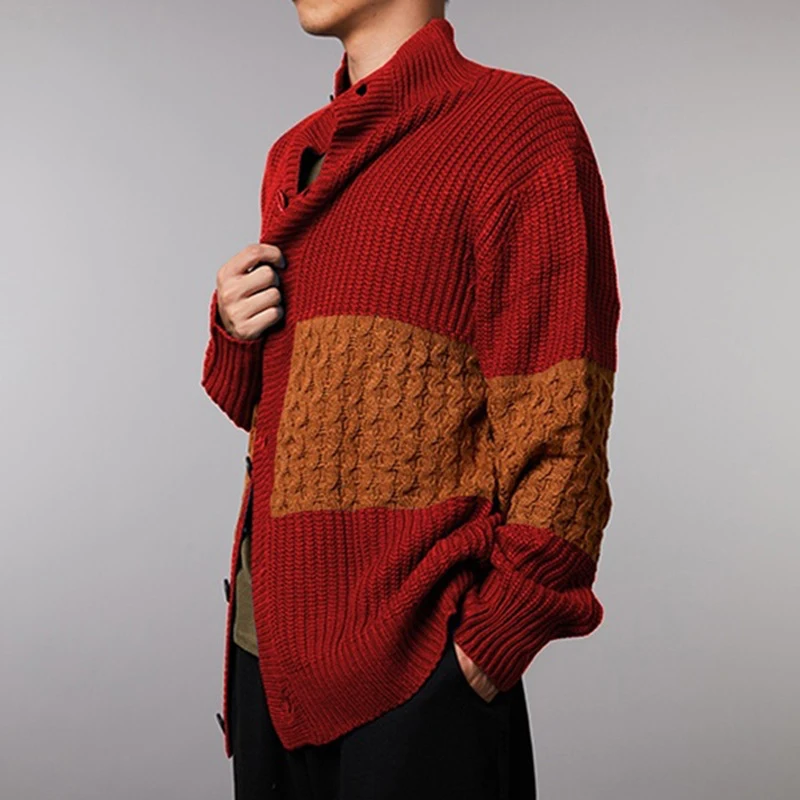 

Casual Long Sleeve Fashion Patchwork Knit Sweater Autumn Men Single-breasted Buttons Coats Winter Mens Vintage Cardigan Sweaters