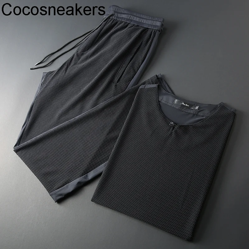 

New 2021 summer high-end splicing set silky mesh breathable fabric quick drying short sleeve sports set men's two-piece set