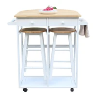 【USA READY STOCK】Semicircle Solid Wood Folding Dining Cart，White，2 Free Stools，Extendable and foldable semicircle desktop