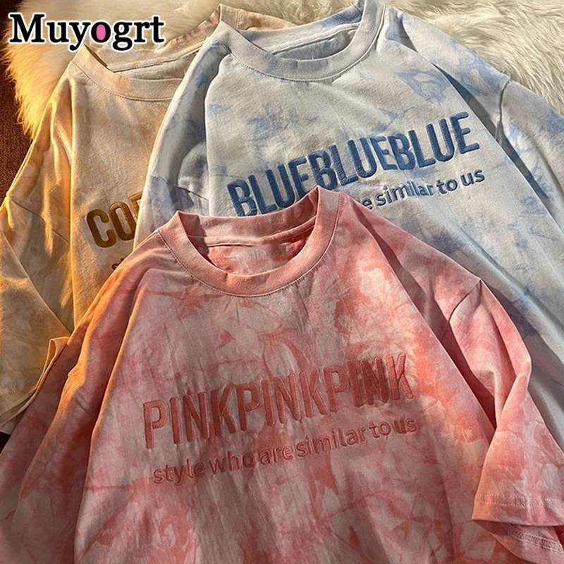 

Muyogrt Short Sleeve T-shirts Couple Letter Embroidery Tie Dye Oversize Hip Hop Loose Korean Style All-match Men Women Tee Tops