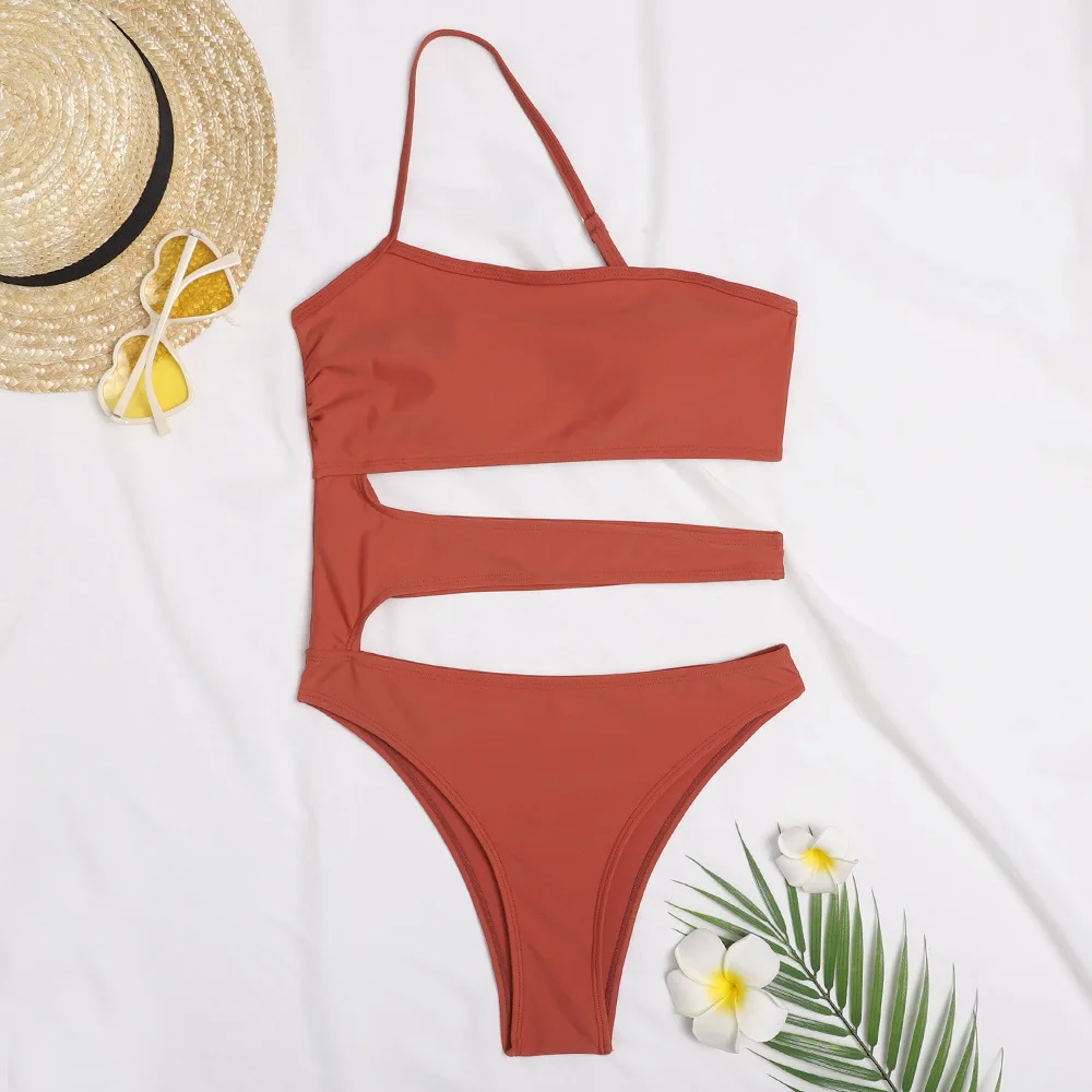 

Solid Swimming Suit For Women See Through Hollow Out One Shoulder Swimsuit Sexy Fashion Seaside Vacation Beach Brazilian Bikini