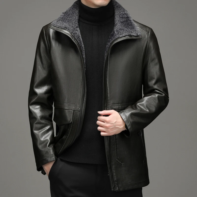 

Men's fur coat fur one winter business leisure fur collar leather jacket jacket Plush thickened