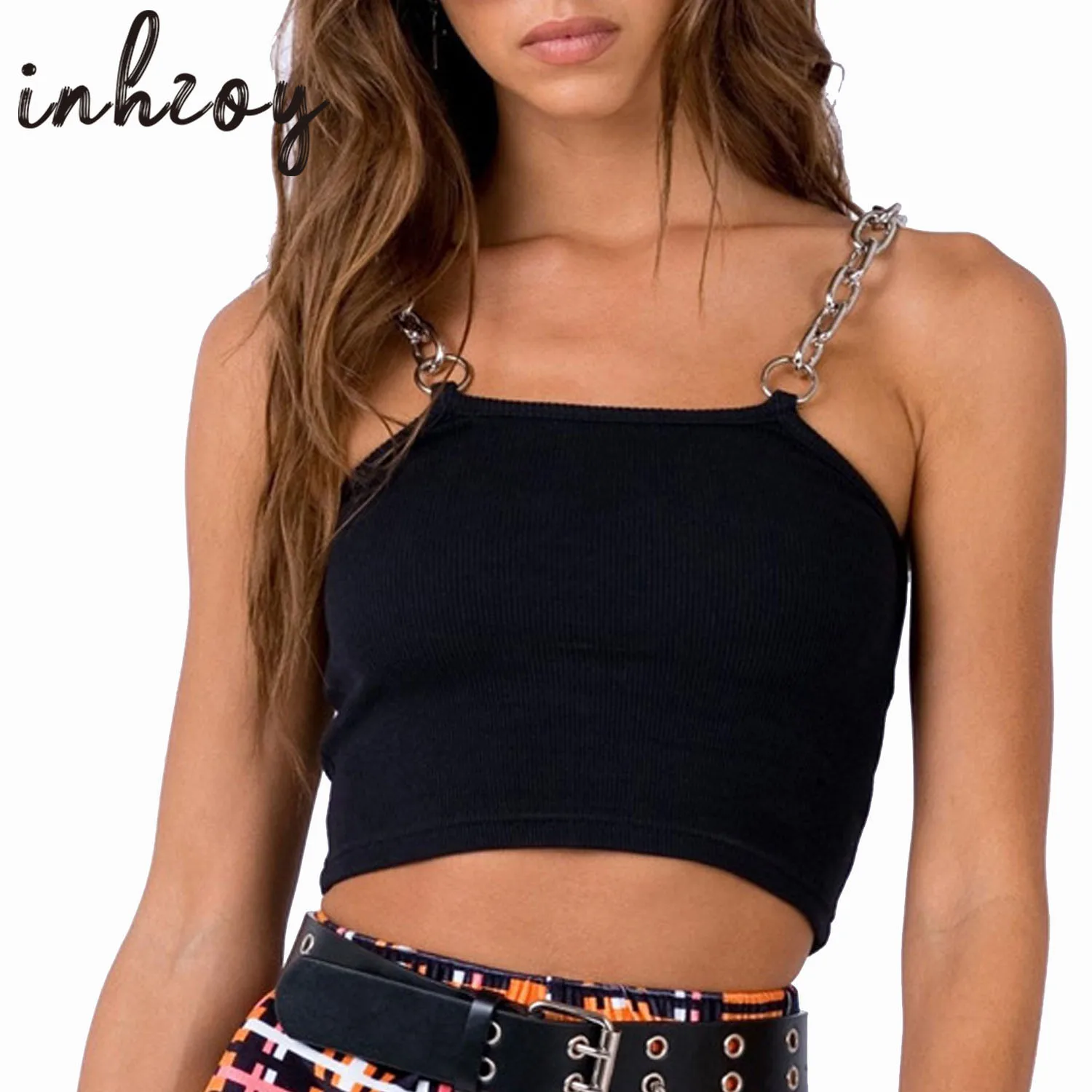 

Fashion Womens Knit Metal Chain Strap Crop Top Cami Vest Black Green White