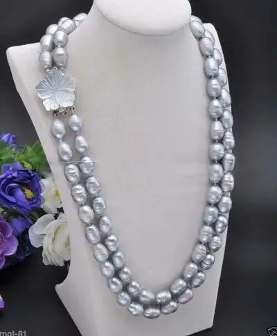 

2 Rows 10-11mm Natural Gray Rice Freshwater Cultured Pearl Necklace 17-18'' AAA
