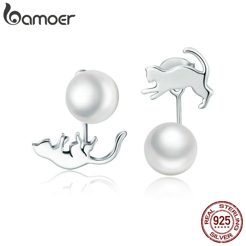 BAMOER, Настоящее серебро 925 пробы, милый кот, хвост киски, изысканные серьги-гвоздики для женщин, Стерлинговое Серебро, ювелирное изделие SCE364