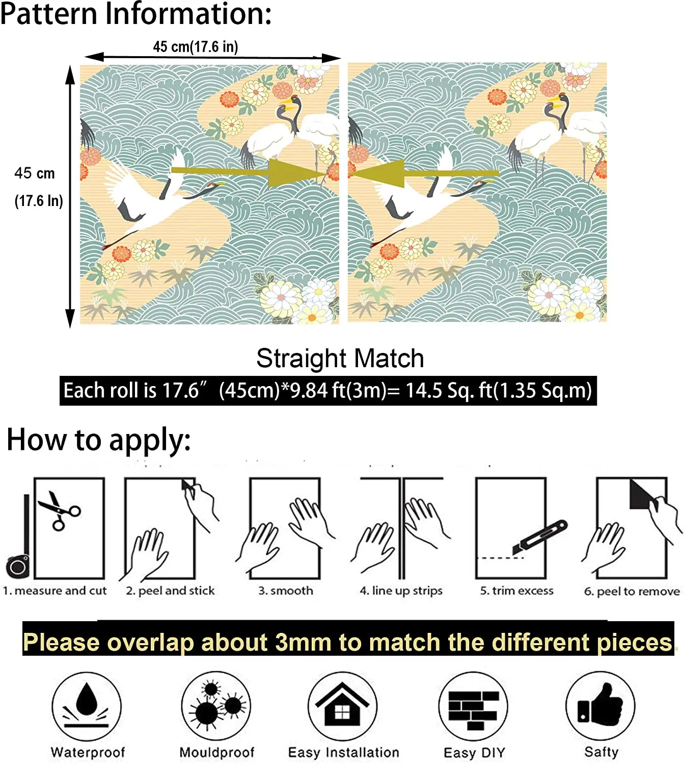 

Peel And Stick Removable Handpainting Daisy Crane Blue Waves Self-Adhesive Prepasted Wallpaper Wall Mural For Bedroom Home Decor