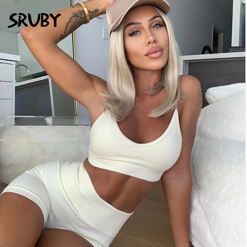 Женский спортивный костюм из двух предметов SRUBY однотонный на бретельках лето 2020|