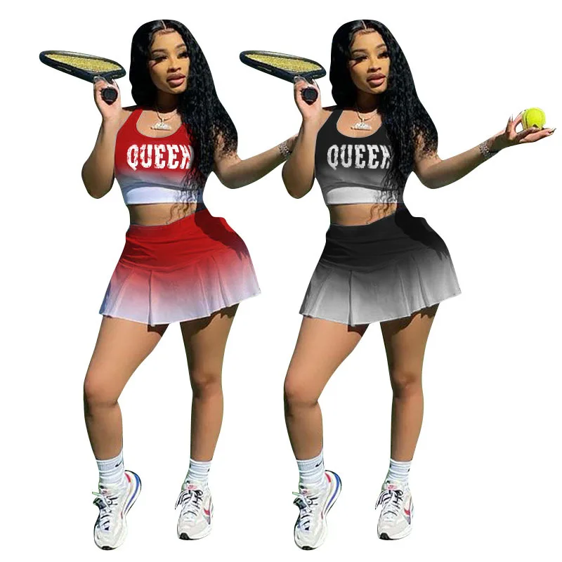 

Cross border supply European and American women's clothing sexy positioning gradient letter slim sports vest skirt two piece set
