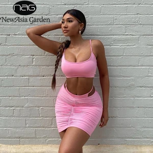 Невасия летний укороченный топ, открытая мини-юбка с рюшами, комплект из двух предметов, летние сексуальные вечерние Клубные наряды, одноцветные комплекты из 2 предметов 2020
