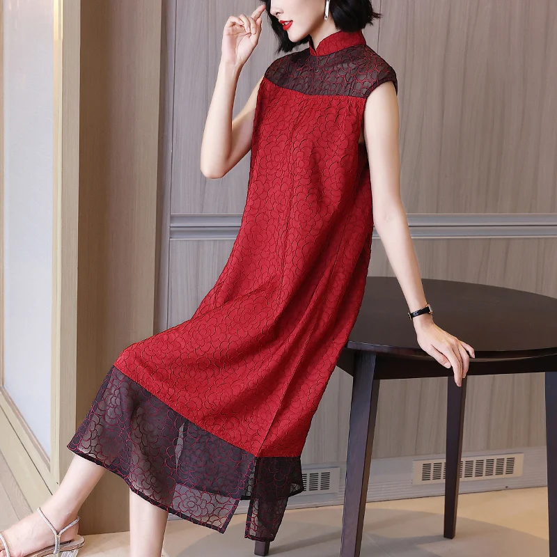 

Summer Dress Vintage Chinese Style For Women 45-75kg Plus Size Stand Collar Sleeveless Embroidered Patchwork Loose A Line