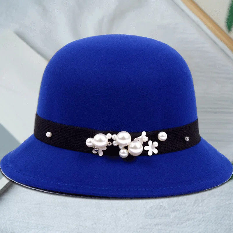 

Fashion Pearl bowler hat wool Fedora hats for Women Girls Winter Warm cap bonnet