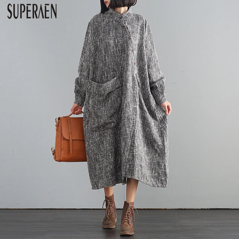 SuperAen/Новинка года; осеннее женское платье; модное повседневное свободное платье большого размера с воротником-стойкой и длинным рукавом; нестандартная женская одежда