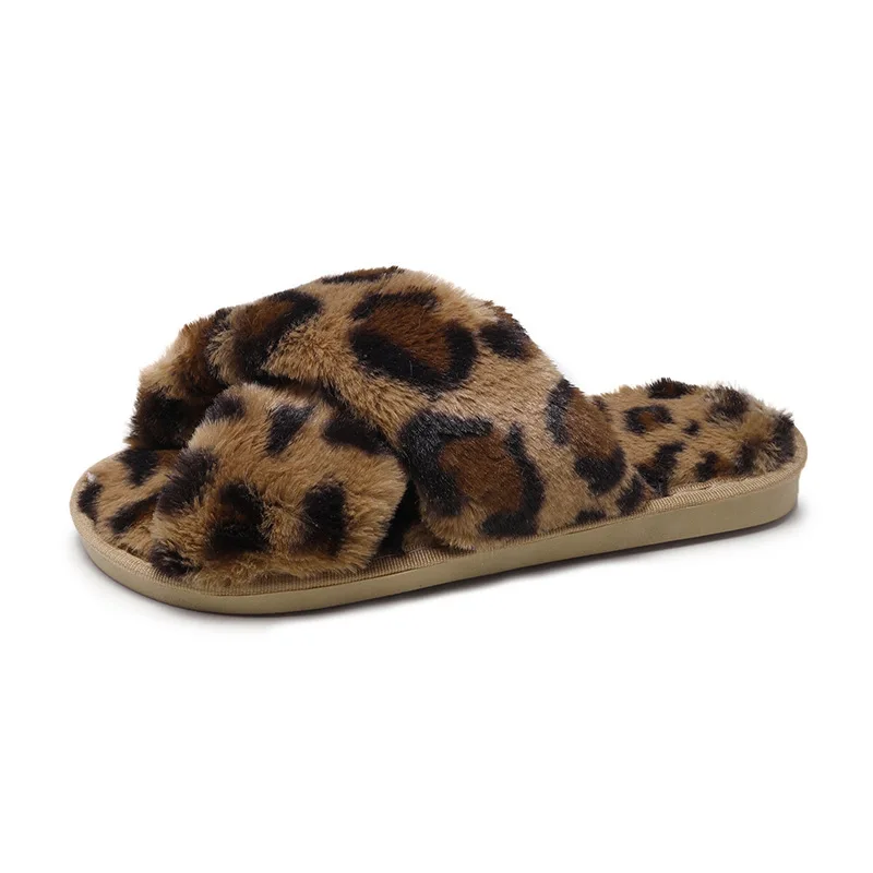 Autumn and Winter Open-toed Net Red Leopard Cross Slippers Fashion Indoor Home Furry Slippers Women images - 6