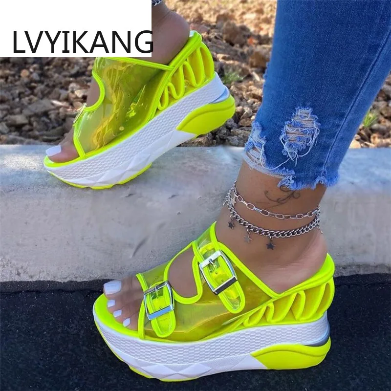 

2020 New Summer Fashion PVC Wedge Slippers Female Transparent Belt Buckle Super High Heel Platform Large Size 43 Sandals Women