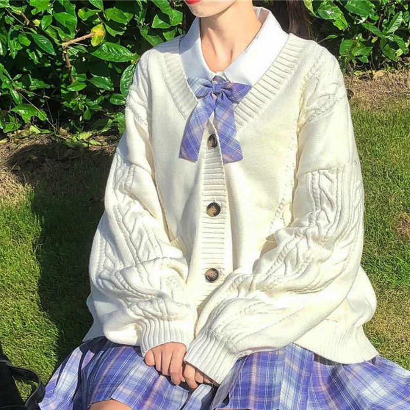 

2021 New Sweet Cute Girl Knitting Sweater Lazy College Style Loose Sleeve Harajuku Girl JK Uniform Sweater Coat Cardigan Mujer