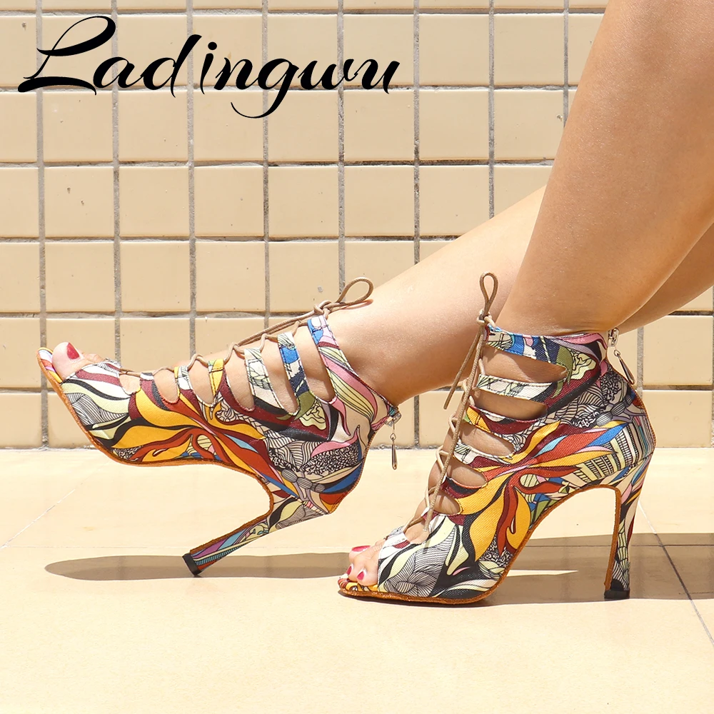 

Creative Graffiti Denim Dance Boots Soft Bottom Dance Shoes Zipper Women's sandals Latin Salsa Dance Shoes Blue/Red/Yellow