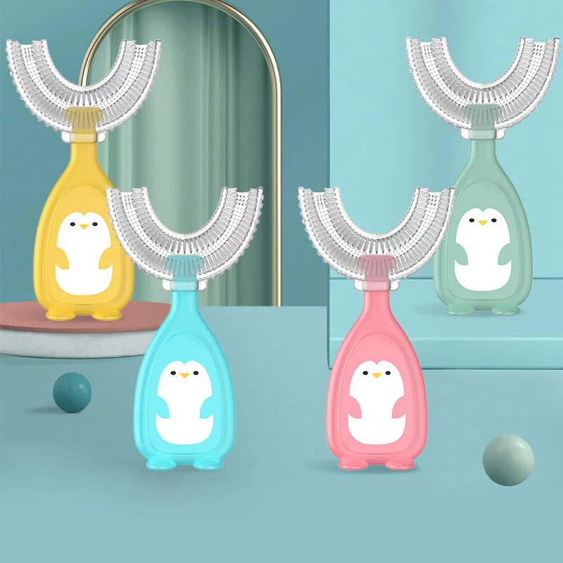 Cepillo de dientes en forma de U para ni&ntilde;os, con mango, de silicona, con dibujos animados, para el cuidado de limpieza Oral, para ni&ntilde;os de 2 a 12 a&ntilde;os-0